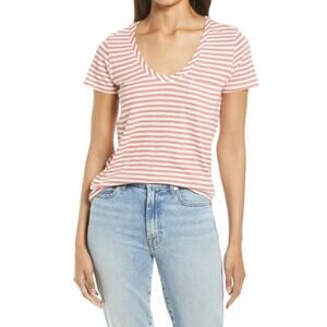 Caslon Rounded V-neck T-shirt Pink Ivory Stripe Size XS NWOT